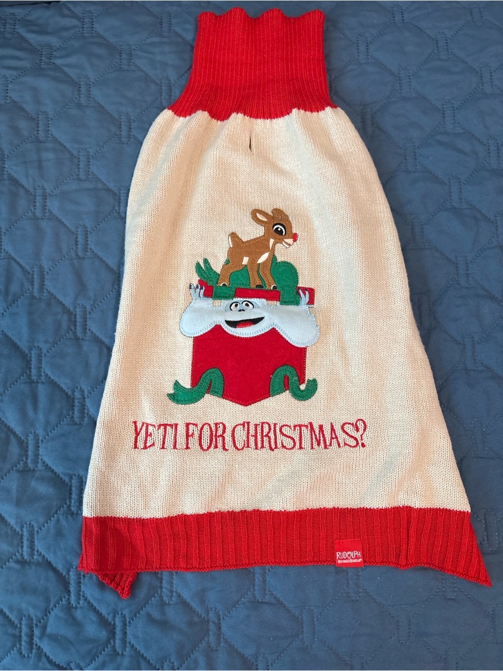 Rudolph Cream & Red Holiday Dog Sweater - 'Yeti For Christmas?'